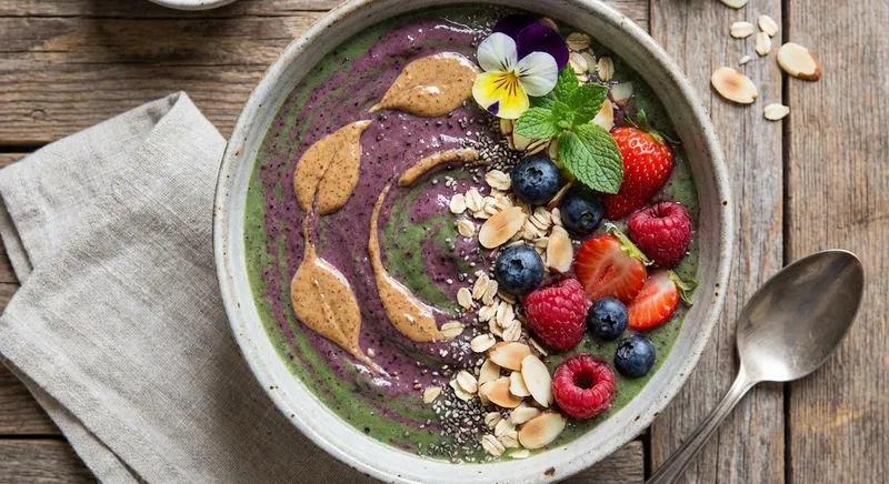 Mixed Berry & Spinach Smoothie with Oats & Almond Butter