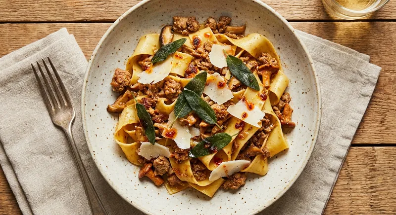 Pappardelle with Quick Spicy Pork & Winter Mushroom Ragù