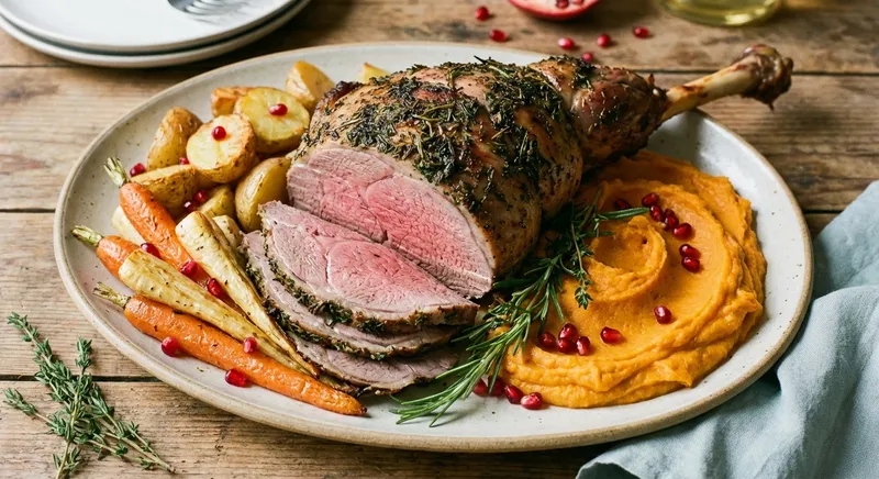 Herb-Roasted Leg of Lamb with Rosemary Vegetables & Sweet Potato Mash