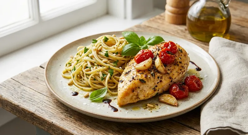 Roasted Tomato & Garlic Chicken with Herby Olive-Oil Pasta (Dairy-free)