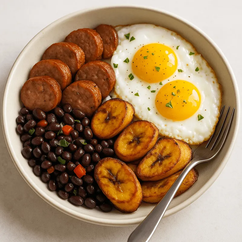 Sausage and Black Bean Breakfast Bowl with Plantains and Eggs