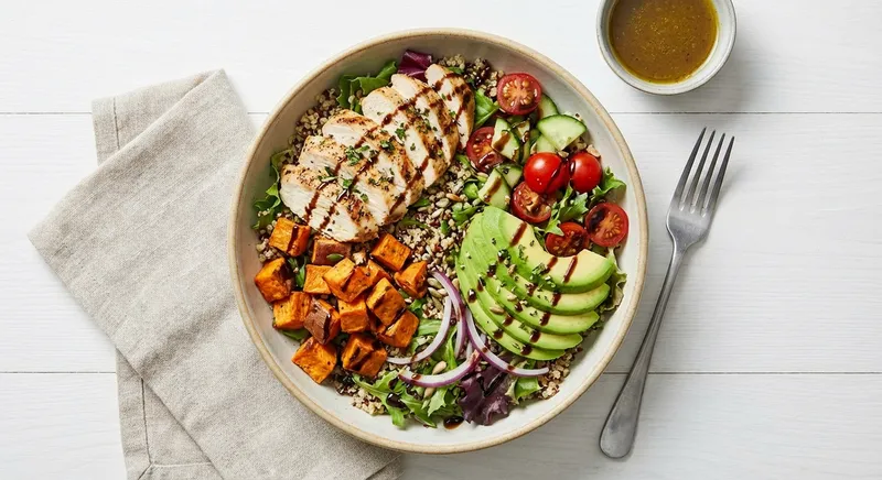 Grilled Chicken & Quinoa Salad with Roasted Sweet Potato and Avocado