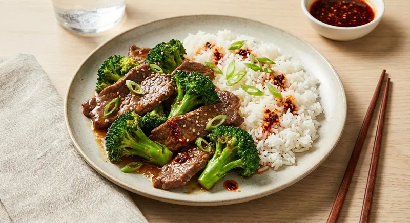 Beef & Broccoli Stir-Fry with Garlic-Ginger Sauce and Jasmine Rice