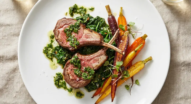 Pan-Seared Lamb Chops with Herb Chimichurri, Roasted Carrots & Sautéed Spinach