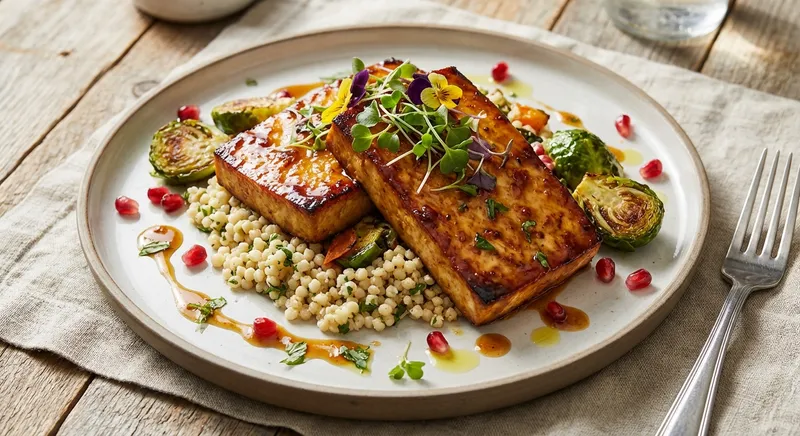 Citrus‑Miso Glazed Tofu Steaks with Warm Israeli Couscous, Charred Brussels & Pomegranate