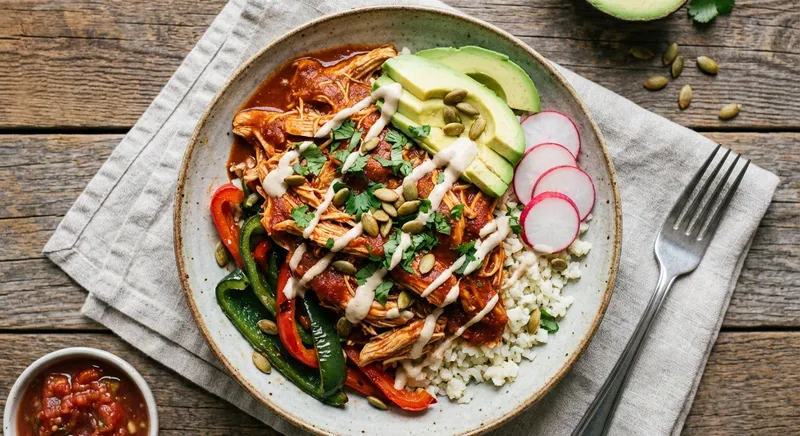 Chicken Enchilada Bowl (Paleo) with Cauliflower Rice & Roasted Peppers