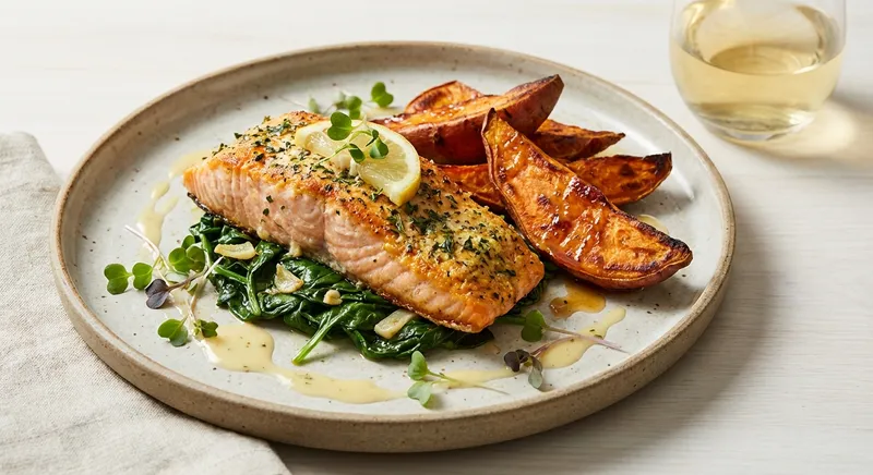 Baked Salmon with Roasted Sweet Potato & Sautéed Spinach