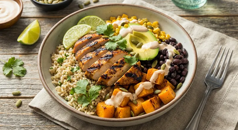 Grilled Chipotle-Lime Chicken Bowl with Cilantro-Brown Rice & Roasted Winter Squash