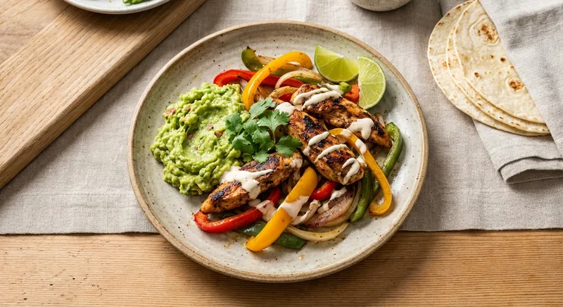 Quick Chicken Fajitas with Bell Peppers, Onions & Guacamole