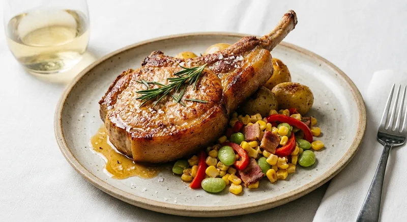 Rosemary‑Roasted Pork Chop with Lemon New Potatoes and Charred Corn Succotash