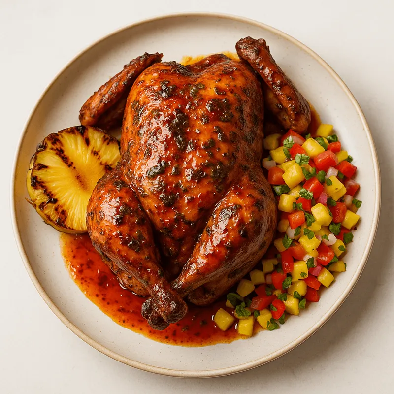 Juicy Sweet Chilli Jerk Herb Whole Roasted Chicken with Pineapple and Pineapple Salsa