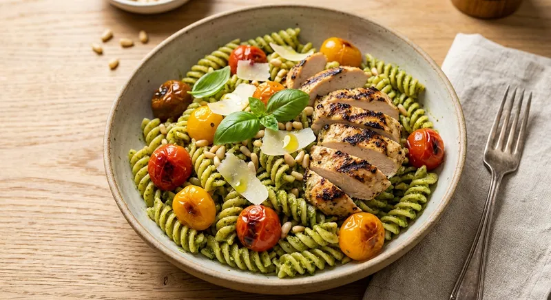 Pesto Pasta with Grilled Chicken & Cherry Tomatoes