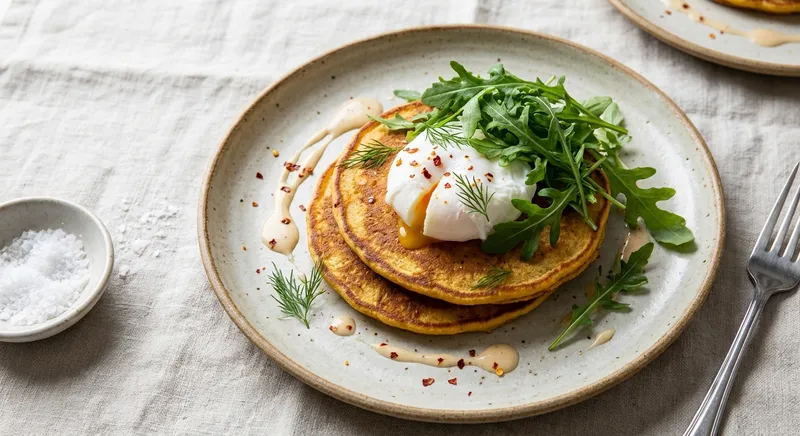 Savory Chickpea-Flour Pancakes with Poached Spring Egg, Arugula & Dill