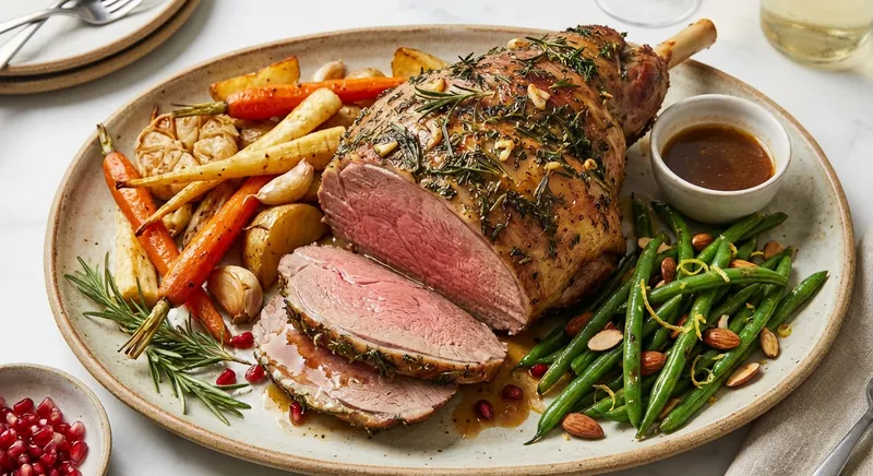 Herb-Roasted Leg of Lamb with Garlic Roasted Roots & Green Beans
