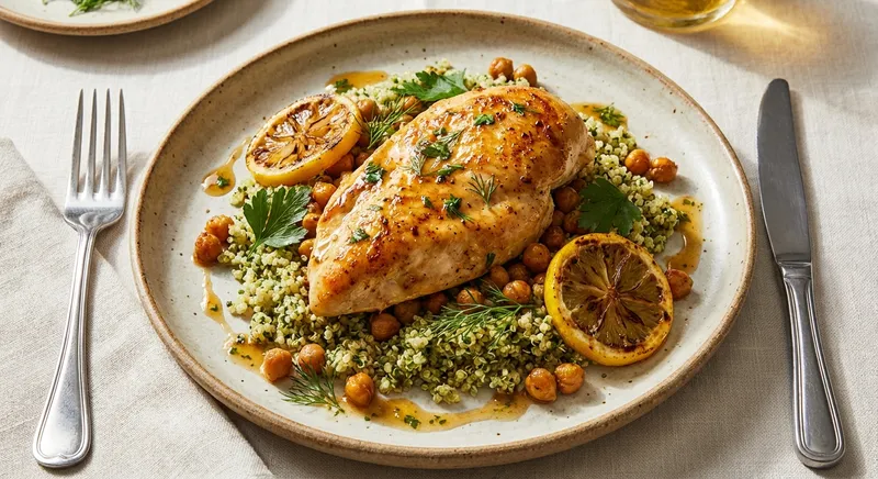 Lemon‑Garlic Pan‑Seared Chicken with Herbed Quinoa & Crispy Roasted Chickpeas (High‑Protein)
