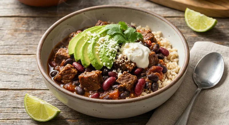Beef & Bean Chili over Brown Rice with Sliced Avocado