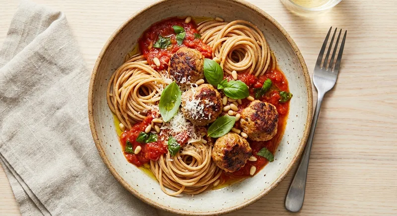 Baked Turkey Meatballs in Tomato Sauce with Whole-Wheat Spaghetti