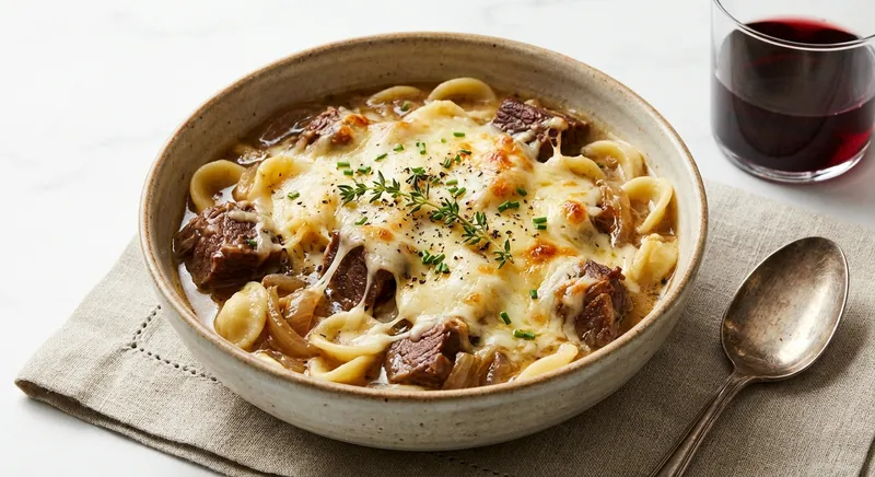 Creamy Beef, Onion & Pasta Soup with Melted Cheese