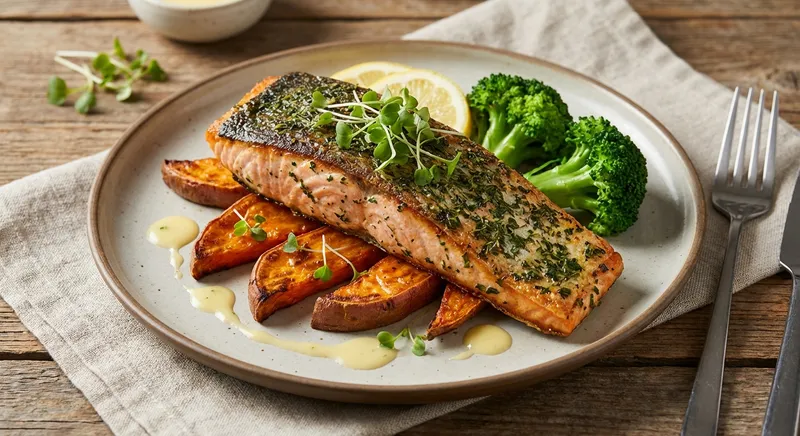 Baked Salmon with Roasted Sweet Potato & Steamed Broccoli