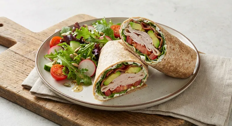 Turkey & Avocado Whole-Grain Wrap with Side Mixed-Green Vinaigrette Salad
