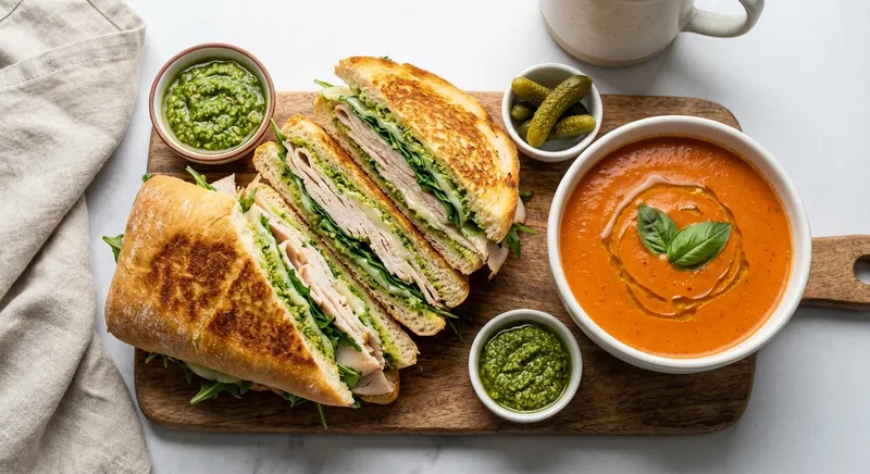 Turkey & Arugula Panini with Nut-free Pesto and Tomato Soup