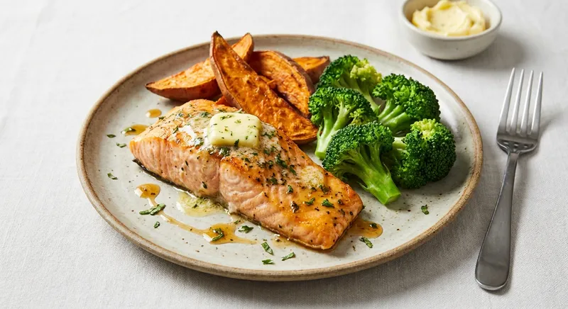 Baked Salmon with Garlic-Herb Butter, Roasted Sweet Potato and Steamed Broccoli