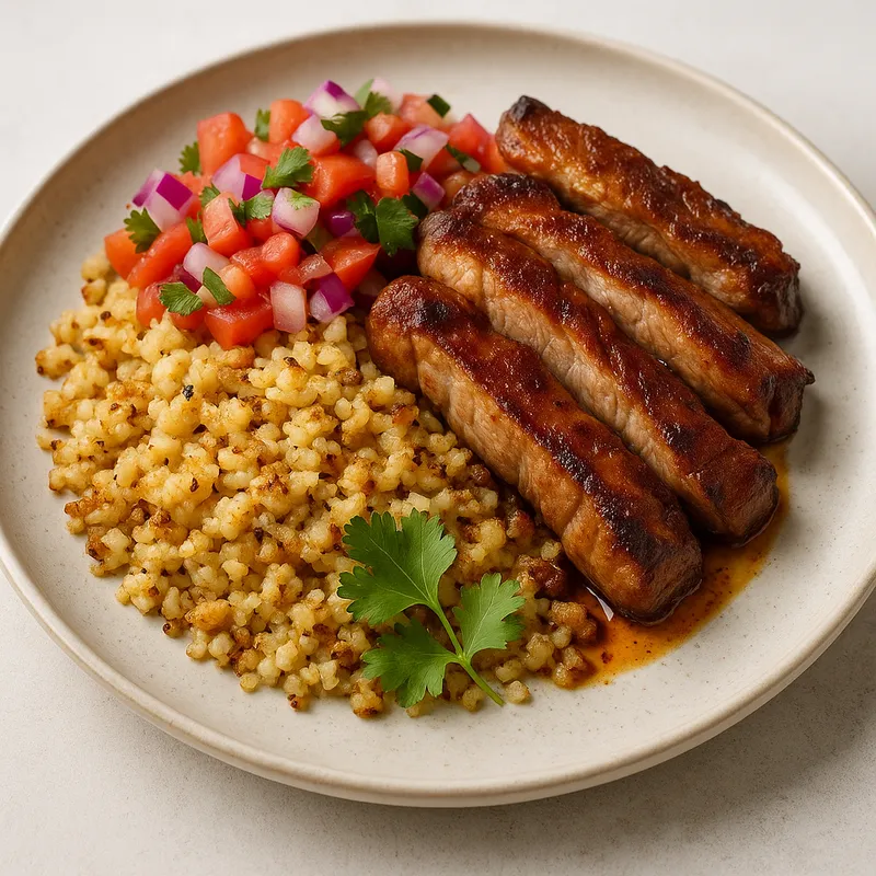 Pan-Seared Pork Carnitas with Roasted Cauliflower Rice & Pico de Gallo