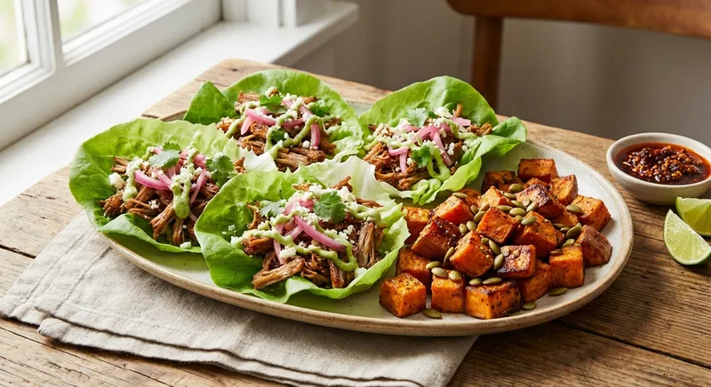 Carnitas-Style Pork Shoulder Lettuce Wraps with Roasted Sweet Potato