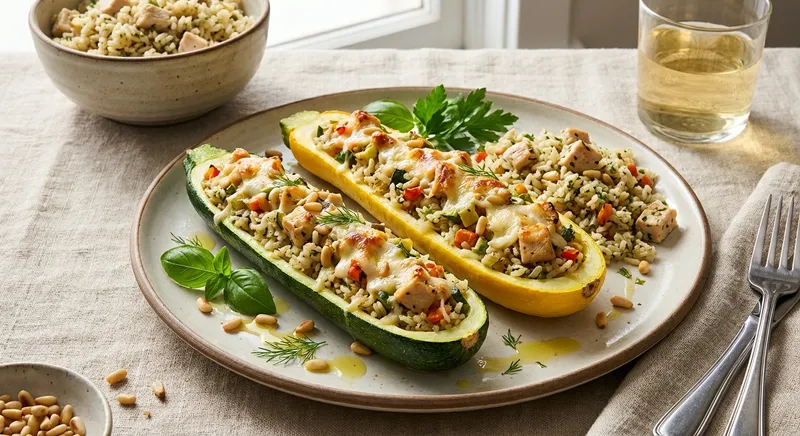 Stuffed Zucchini & Summer Squash Boats with Herbed Rice and Chicken
