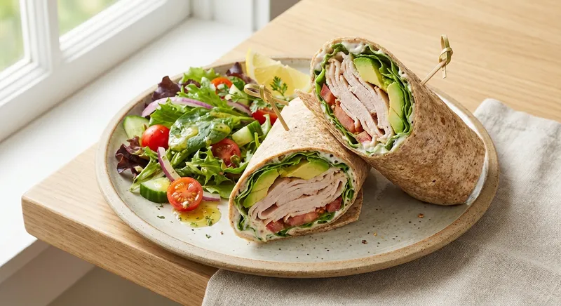 Turkey & Avocado Whole-Grain Wrap with Lemon Olive Oil Side Salad