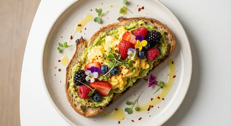 Avocado Toast with Scrambled Eggs and Mixed Berries