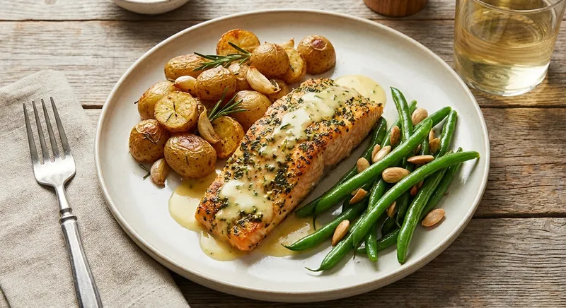 Baked Herb-Crusted Salmon with Garlic-Roasted Baby Potatoes & Steamed Green Beans