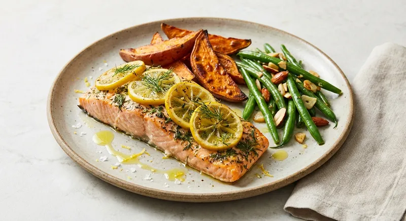 Baked Lemon-Dill Salmon with Roasted Sweet Potatoes and Sautéed Green Beans