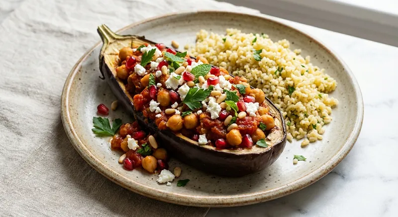 Baked Stuffed Eggplant with Chickpea Tomato Stew & Lemon Herb Bulgur
