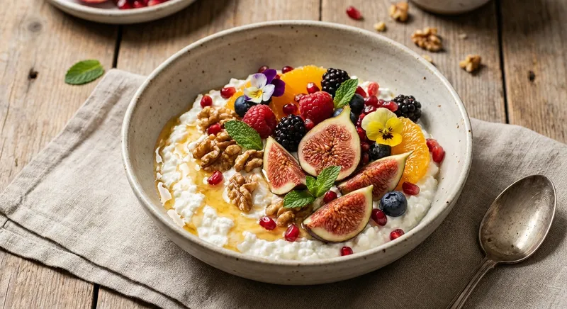 Cottage Cheese & Fruit Bowl with Toasted Walnuts and Honey