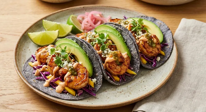 Shrimp Tacos with Cabbage Slaw & Avocado