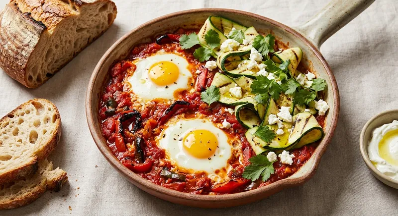 Baked Eggs in Spiced Tomato-Pepper Sauce with Grilled Zucchini