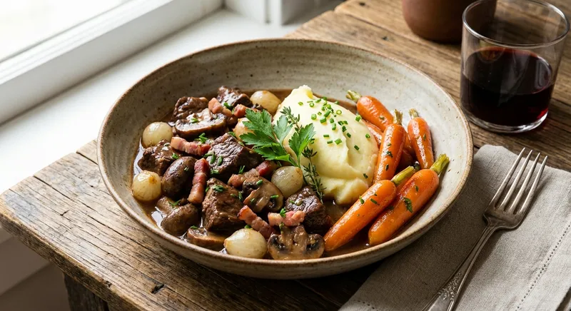 Beef & Mushroom Bourguignon with Creamy Mashed Potatoes and Braised Carrots