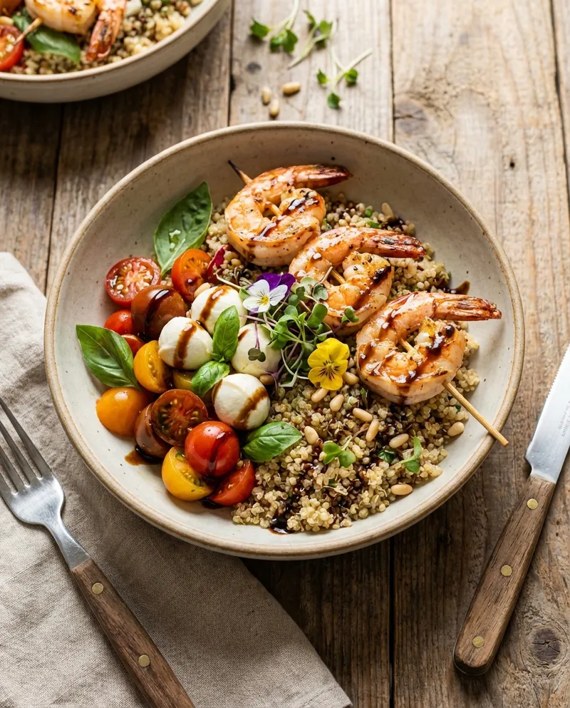 Caprese-Style Quinoa Bowl with Grilled Shrimp