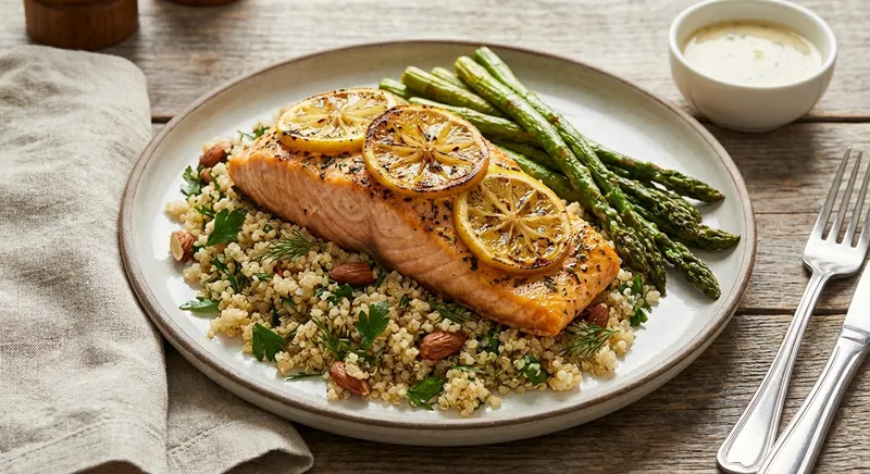 Lemon-Baked Salmon with Herbed Quinoa Pilaf and Steamed Asparagus