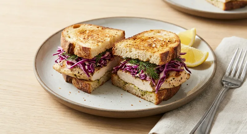Grilled Lemon‑Herb Chicken Sandwich on Rustic Sourdough with Winter Red‑Cabbage Slaw