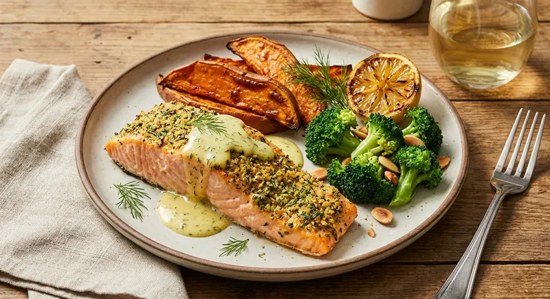 Baked Salmon with Roasted Sweet Potato & Steamed Broccoli
