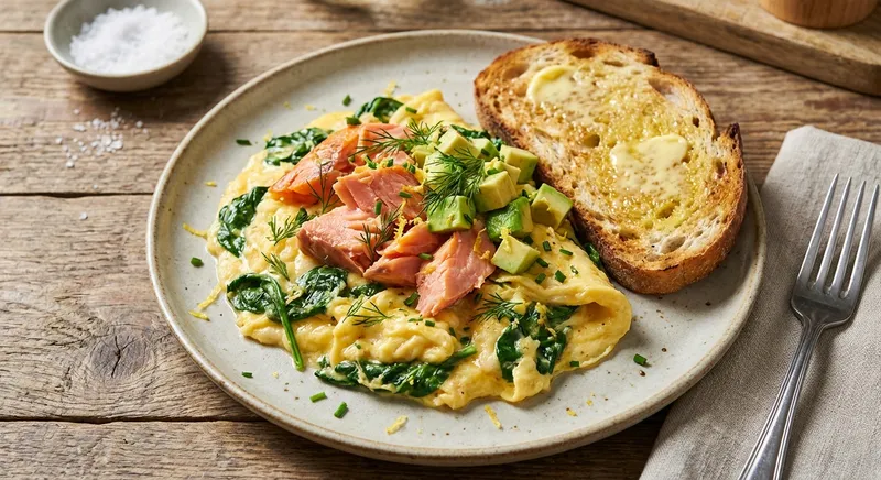 Smoked Salmon & Avocado Scrambled Eggs with Wilted Spinach