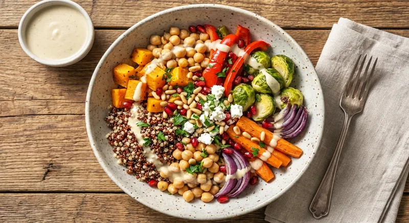 Quinoa & Chickpea Salad with Roasted Vegetables and Lemon-Tahini Dressing