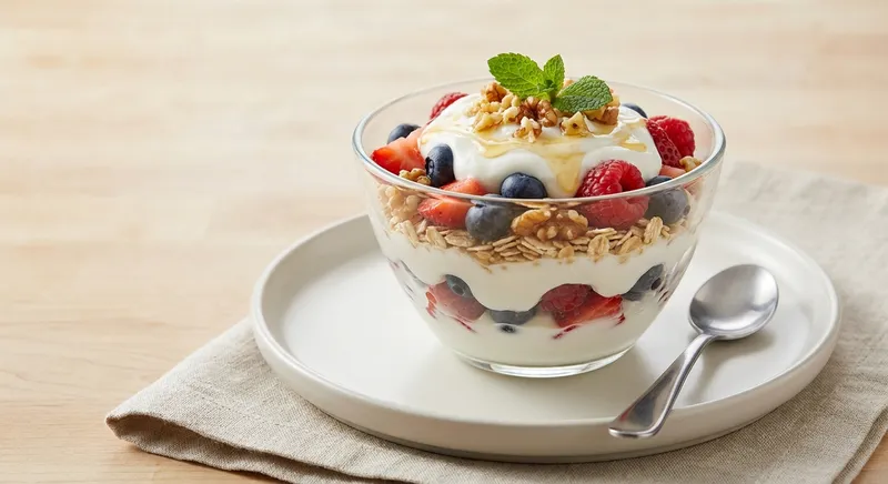 Greek Yogurt Berry Parfait with Rolled Oats & Walnuts