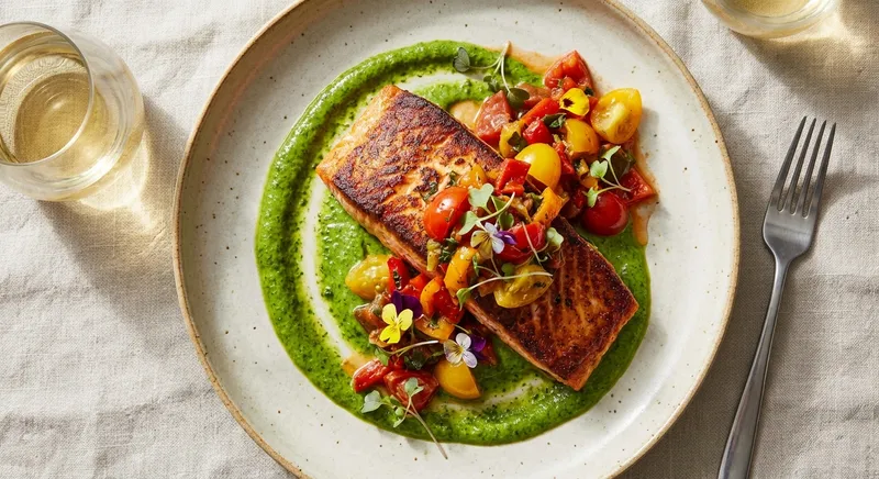 Aji Verde Seared Salmon with Tomato-Pepper Compote