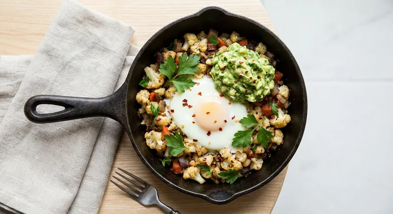 Keto Cauliflower Hash & Baked-Egg Skillet with Avocado-Herb Salsa