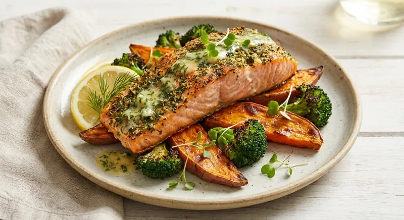 Baked Salmon with Roasted Sweet Potato & Broccoli