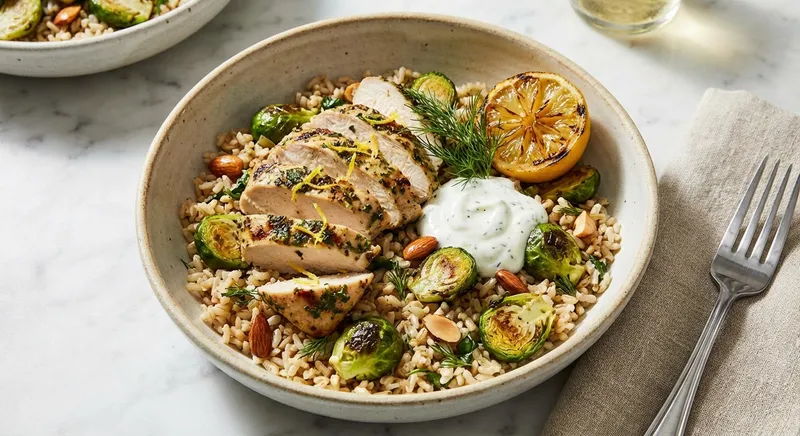 Lemon‑Herb Grilled Chicken & Charred Brussels Rice Bowl