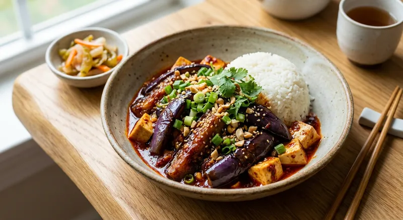 Sichuan-Style Garlic Eggplant & Tofu with Jasmine Rice